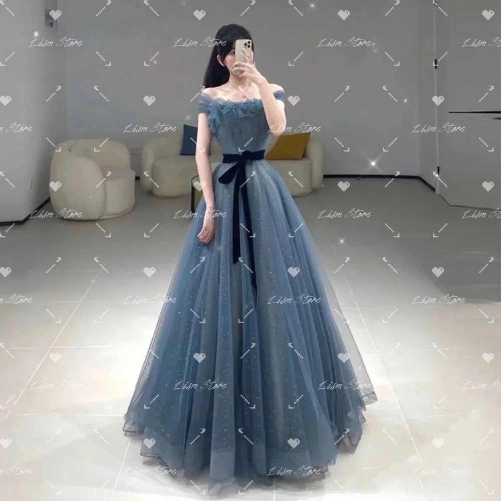 Modern Korean Lifestyle - ชุดราตรีผ้าทูลล์วิบวับสไตล์เกาหลีสำหรับถ่ายภาพงานแต่งงาน สีฟ้า สายเดี่ยว เปิดไหล่ ทรงเอไลน์ ยาว