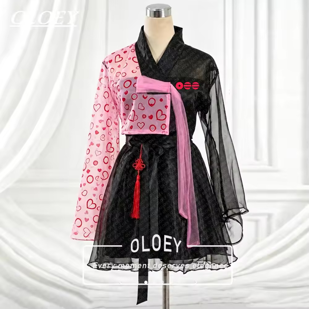 Modern Korean Lifestyle - OLOEY ชุดฮันบกสั้นสีดำสไตล์โมเดิร์น ลายพิมพ์สีแดงชมพู สำหรับถ่ายภาพและแสดงบนเวที สไตล์เกาหลี ชุดสั่งตัดพิเศษ